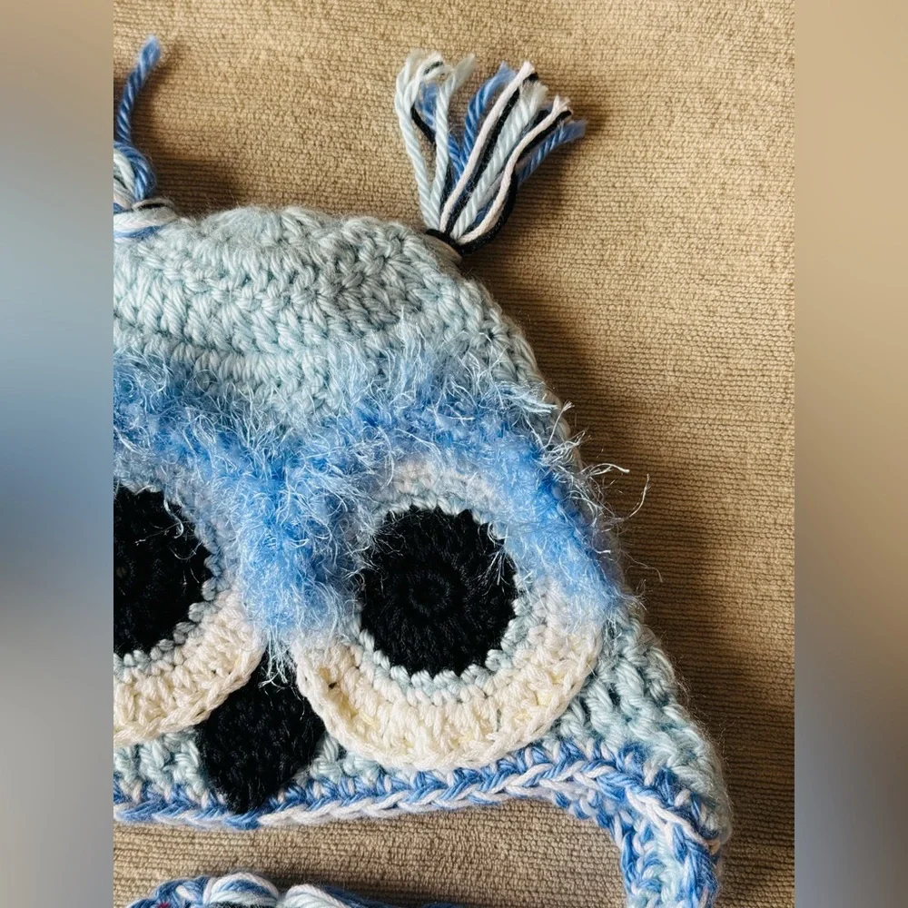 Handmade Crochet Owl Baby Hat 3–6 Months Blue Tassel Earflap
